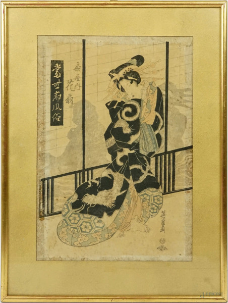 Eisen  Keisai - La moda dei postriboli di oggi, multiplo a colori su carta, cm 36x25, Giappone, entro cornice, (lievi difetti).