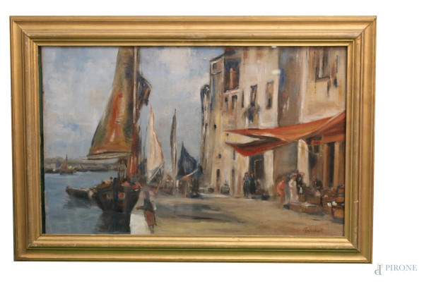 Marina di Chioggia, olio su tela, 45x70 cm, entro cornice firmato