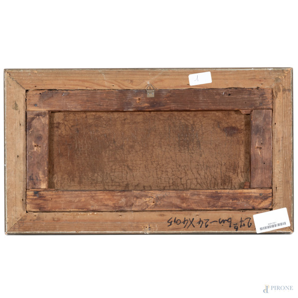 Sulla spiaggia, XIX secolo, olio su tela, cm 20,5x40, firmato in basso a destra, entro cornice (c...