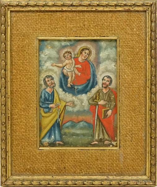 Scuola del XIX secolo, Madonna con Bambino con i SS. Pietro e Paolo, olio su tela applicata su cartoncino, cm 15x10,5 circa, entro cornice, (cadute di colore).