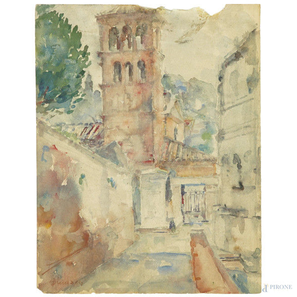 Giulio Brunacci - Campanile, acquerello su carta, cm 29x23, entro cornice