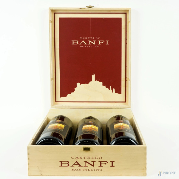 Castello Banfi, Brunello di Montalcino, tre bottiglie 2001, entro cassetta