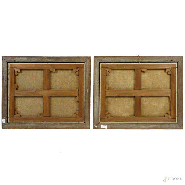 Pittore veneto del XVIII secolo, coppia di paesaggi fluviali con rovine e figure, cm 58x74, entro...