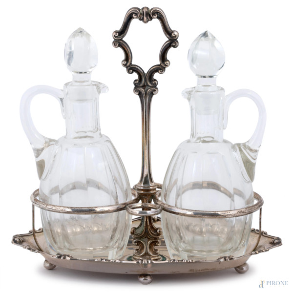 Servito da tavola in cristallo e argento 800/000 punzone 3PA Formusa, cm 23x23x15, peso gr 170 (mancanze)