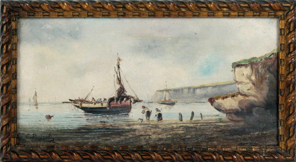 Marina con imbarcazioni, olio su tela, cm. 18x36, firmato, entro cornice.
