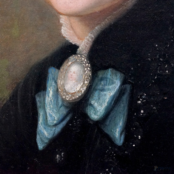 Pittore del XIX secolo, Ritratto di nobildonna, olio su tela ad assetto ovale, cm 65x50, (cadute ...