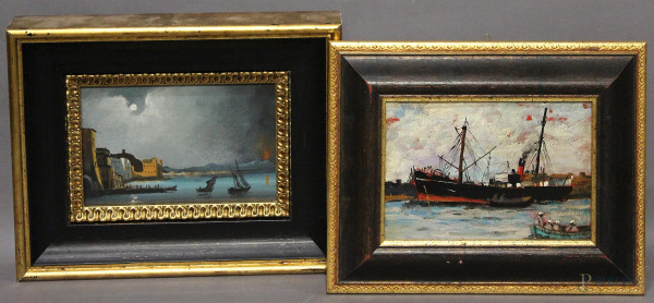 Lotto di due dipinti, ad olio su tavola ed olio su cartone raffiguranti scorci di porto, 20x13 in cornici