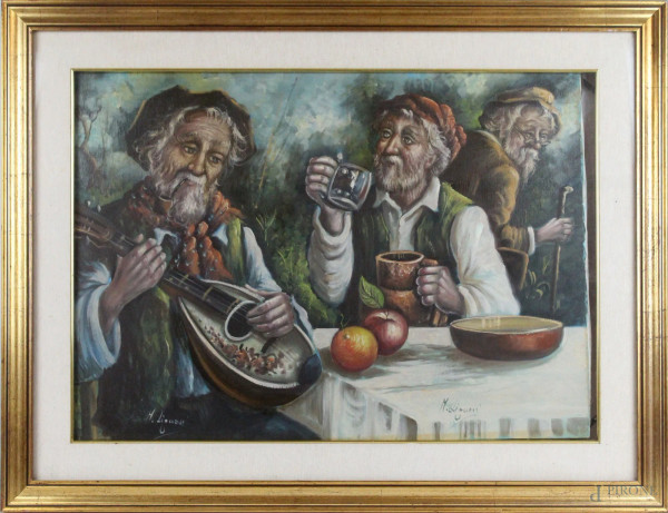 Anziani all'osteria, olio su tela, cm 50x70, firmato M. Liguori, entro cornice
