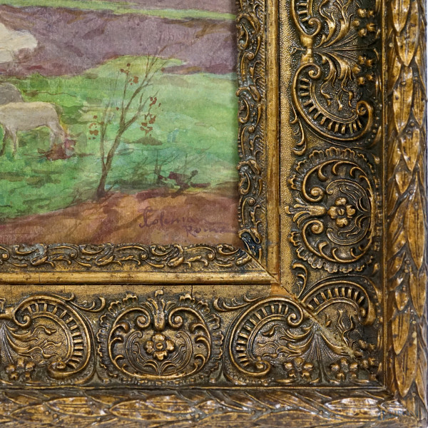 Paesaggio con acquedotto, XIX secolo, acquerello su carta, cm 32x50, entro cornice, (difetti)