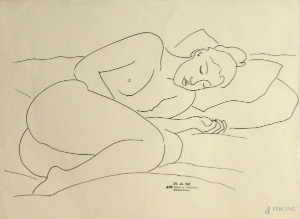 Alfredo Ruggero Michahelles - Nudo sdraiato, disegno a china su carta, 47x33 cm, siglato Ram