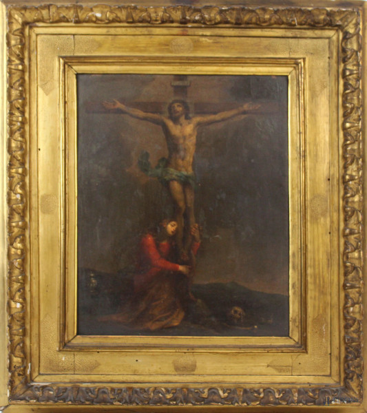 Cristo crocifisso con Maria Maddalena, olio su rame, cm 30x24,5, XVIII secolo, entro cornice.