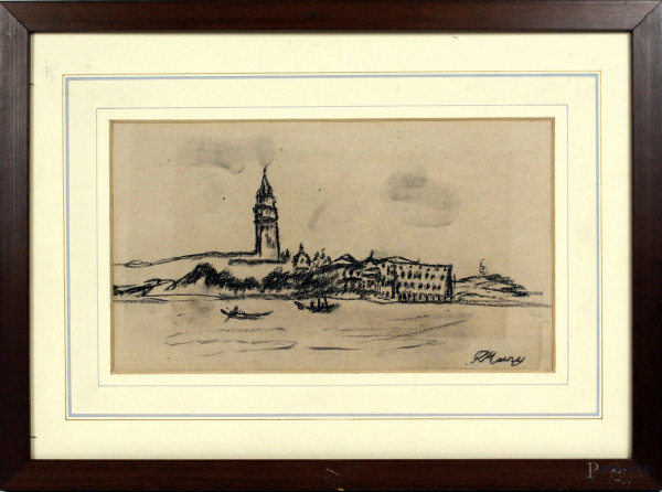 Venezia, carboncino su carta, cm. 16x28, firmato, entro cornice.