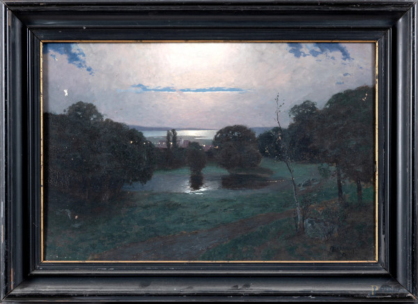 Notturno, XX secolo, olio su tela, cm 51x75, entro cornice, firmato e datato "01" in basso a destra, (craquelure, sollevamenti e  cadute di colore)