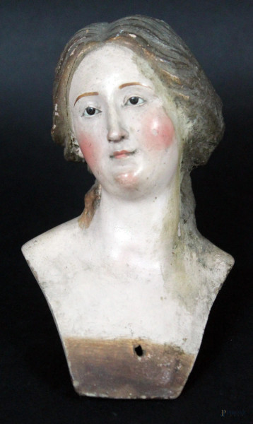 Busto di Madonna in terracotta dipinta con occhi in vetro, altezza 12 cm, Napoli XVIII sec, (restauri).