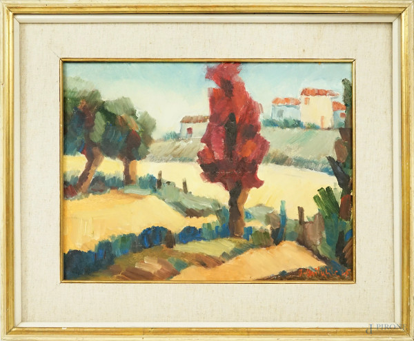 L'albero rosso, olio su tela, cm 29,8x40, firmato Avitabile, entro cornice