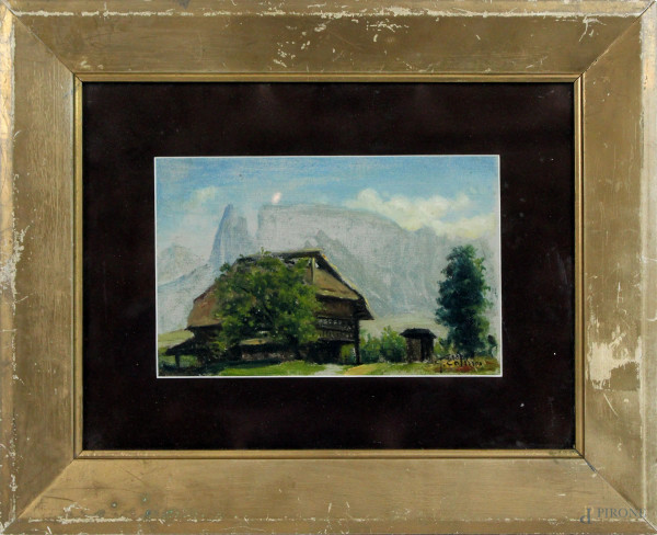 Giovanni Colmo - Paesaggio con baita, olio su cartone, cm. 12x19, entro cornice.