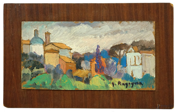 Paesaggio, olio su masonite, cm 13x25, firmato G.Ragogna, entro cornice