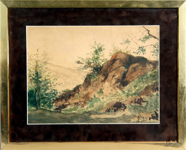 Paesaggio, acquarello su carta, cm. 27x36, siglato e datato, entro cornice.
