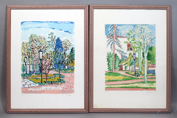 Orfeo Tamburi - Lotto composto da due litografie a colori, raffiguranti scorci di giardini, cm. 75x55, entro cornici.
