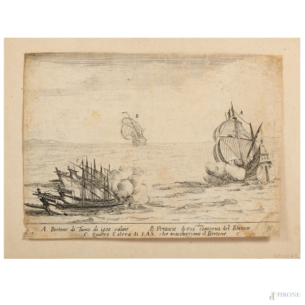 Jacques Callot (1592-1635) A. Bertone di Tunis, Acquaforte, foglio cm 14x19,5, iscizione al retro, (segni di usura, foxing, strappi)