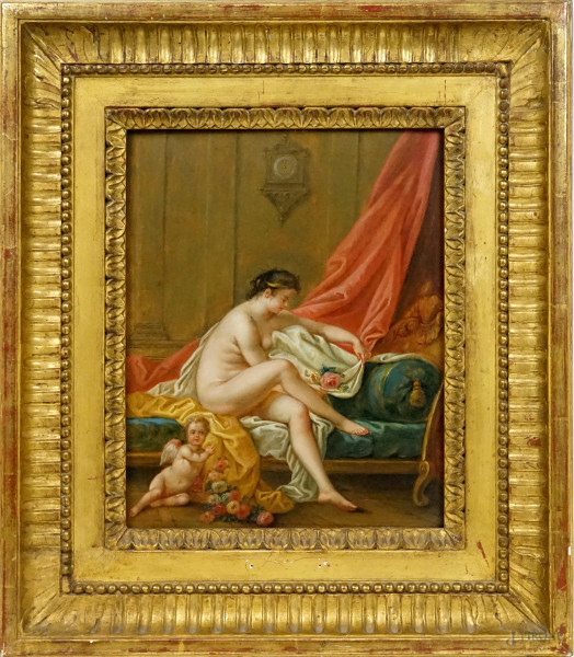 J.f. Schall (1752.1825) cerchia di, Venere e Cupido,  olio su tavola, cm 30x24, entro cornice.