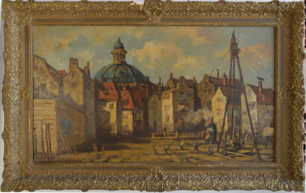 Scorcio di Amsterdam, antico dipinto ad olio 60x100 cm, entro cornice firmato.