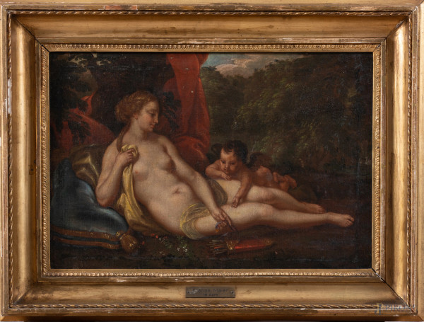 Venere con putto, XVIII secolo, olio su tela, cm 29x43, entro cornice, (segni di usura, abrasioni, piccole cadute di colore, restauri)