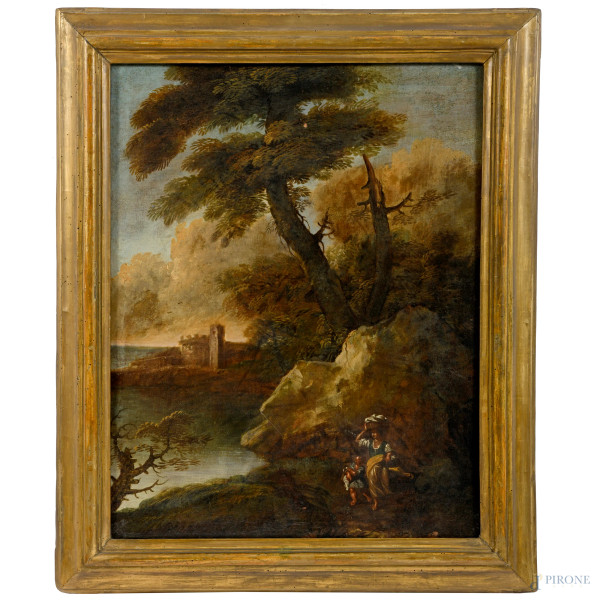 Scorcio fluviale con figure, XVIII secolo, olio su tela, cm 66x49, entro cornice, (piccole cadute di colore)