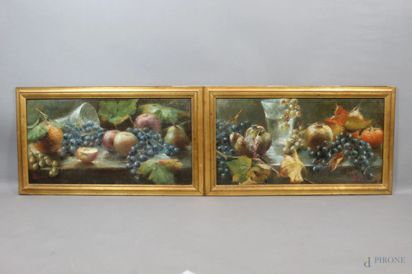Coppia di nature morte con frutta, olio su tela, cm. 34x65, firmati G. Grosso, entro cornice.