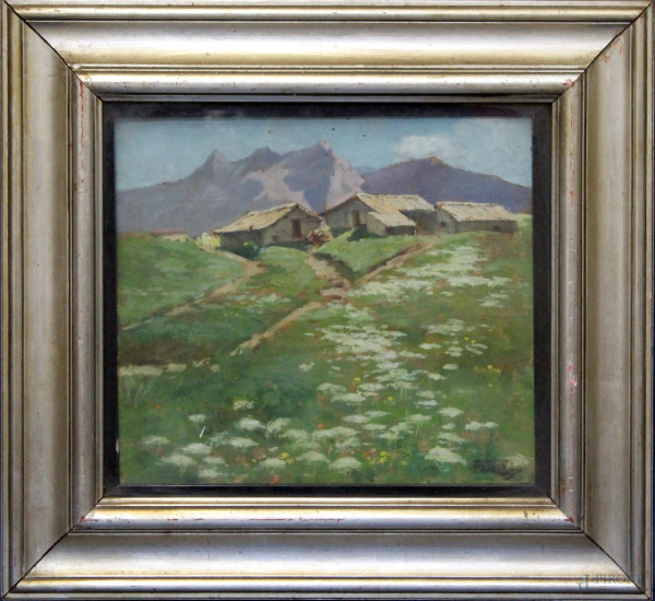 Paesaggio montano, olio su tavola cm 27 x 30, firmato, entro cornice.