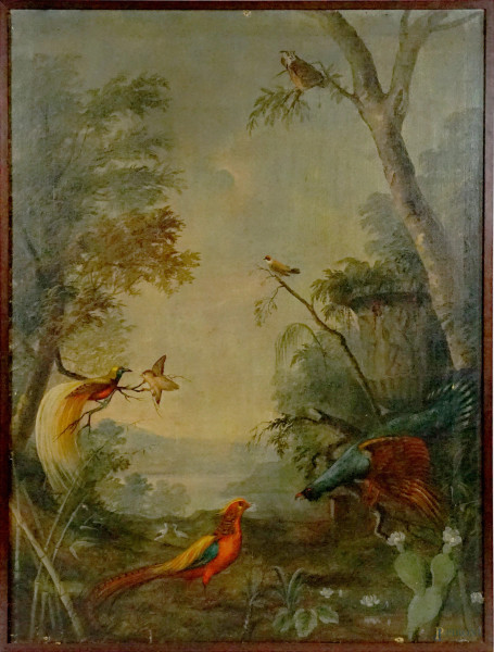 Paesaggio con uccelli esotici, olio su tela, cm 161,5x122,5, inizi XX secolo, entro cornice, (difetti sulla tela).