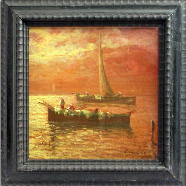 Marina con barche, olio su cartone firmato Di Marino, cm 29 x 28, entro cornice.