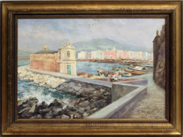 Scorcio di costa con case, olio su cartone telato, cm. 30x44, firmato P. Gabrini 1905, entro cornice.