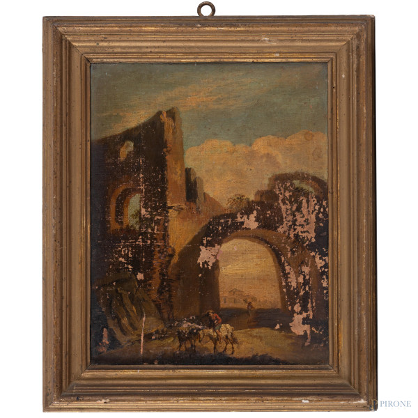 Rovine con buttero a cavallo, XIX secolo, olio su tela, cm 25,5x20, entro cornice, (cadute di colore, abrasioni, segni di battitura del telaio, difetti)