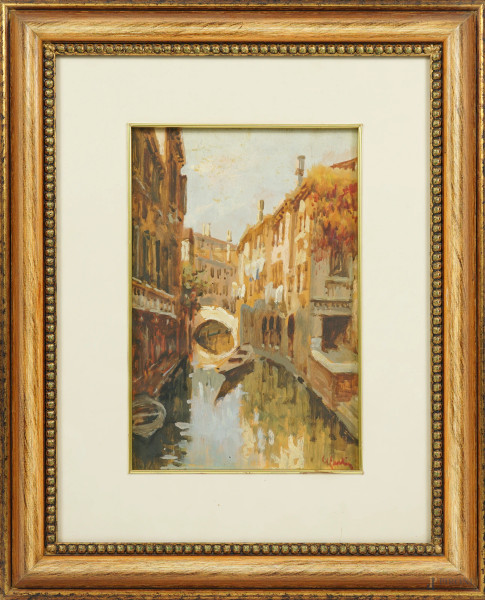 Canale a Venezia, olio su compensato, cm 29x19, firmato, entro cornice