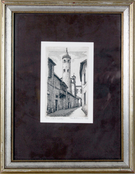 Citt&#224; di Castello, multiplo su carta,  es. 8/25, cm. 20x13, firmato e datato 1988, entro cornice.