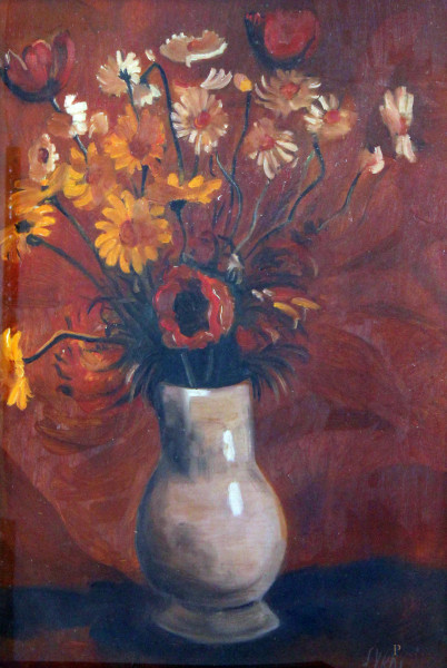 Luigi Surdi, vaso con fiori, olio su tavola, cm 60x43, entro cornice.