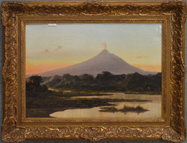 Paesaggio fluviale su sfondo vulcano, olio su tela 44x63 cm, entro cornice XIX sec.