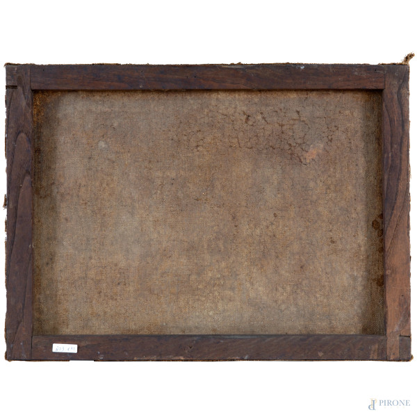 Coppia di paesaggi con figure e armenti, XIX secolo, olio su tela, cm 45,5x62, (craquelure, solle...