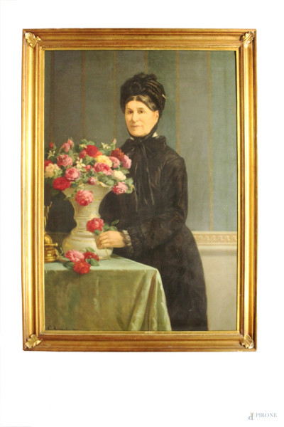Carlo Ademollo - Ritratto di donna con fiori, olio su tela 12x78 cm, entro cornice.