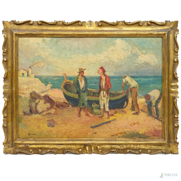 Pescatori, XX secolo, olio su tela, cm 50x70, firmato in basso a sinistra, entro cornice, (difetti)