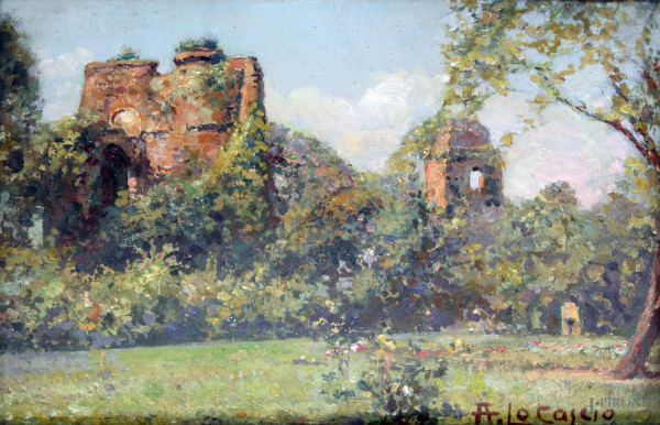 A.Locascio, Paesaggio con rovine, olio su tela, cm 19x29, entro cornice.