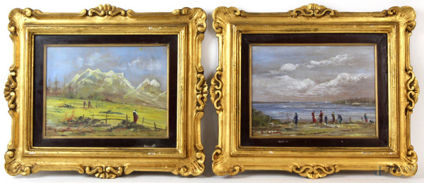 Coppia di dipinti raffiguranti paesaggio montano e scorcio di costa, olio su tavola, cm. 18x24, firmati, entro cornici.
