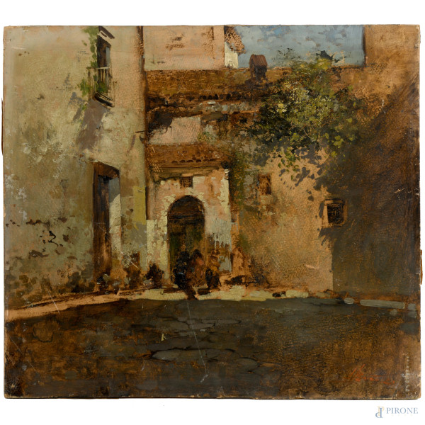 Ezelino Briante - Cortile, olio su cartone applicato su compensato, cm 45,5x50, firmato in basso a destra, (difetti)