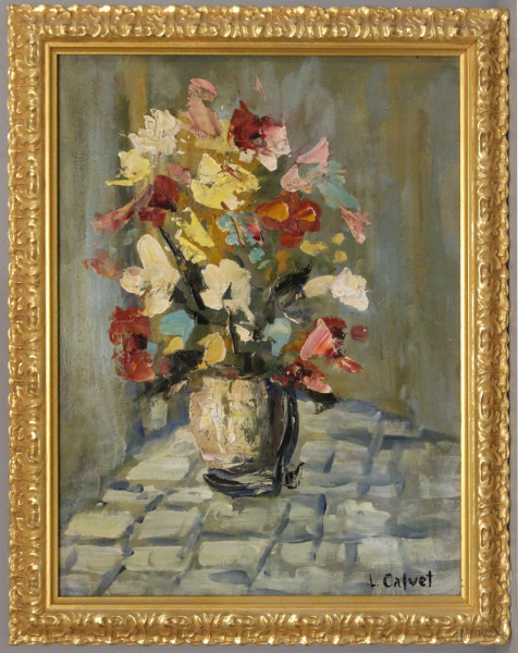 Natura morta con vaso di fiori, olio su tavola, 40x30 cm, entro cornice firmato.