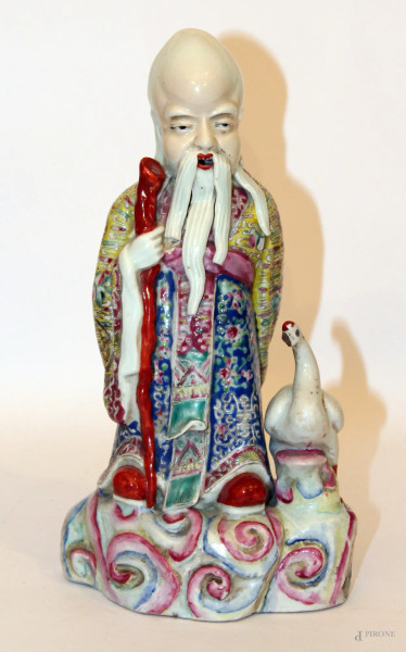 Santone con papera,scultura in porcellana policroma, (mancanze),h.27cm, arte orientale 