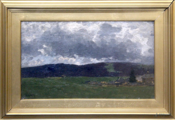 Paesaggio collinare, olio su tela recante firma G. Ciardi, cm 20 x 40, entro cornice.