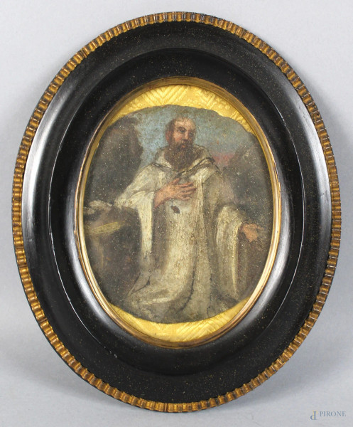 Sant&#39;Antonio, olio su tavola ad assetto ovale, cm. 10x9, XVII secolo, entro cornice.