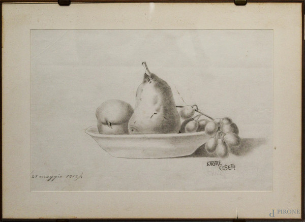 Ettore Ceseri, Frutta, disegno a matita su carta 24x33 cm, datato 1913.