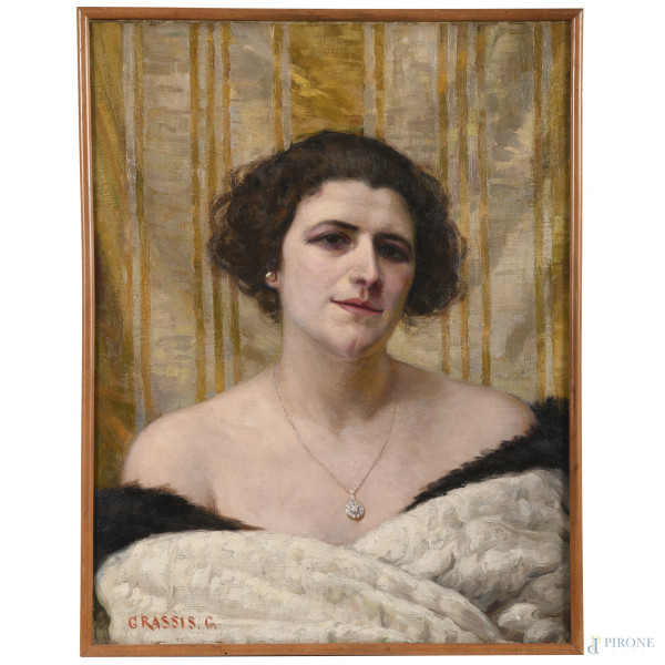 Giuseppe Grassis  (1870-1949), Ritratto di signora, olio su tela, cm 65x50, firmato in basso a sinistra, entro cornice, (lievi segni di usura, marginali cadute di colore)